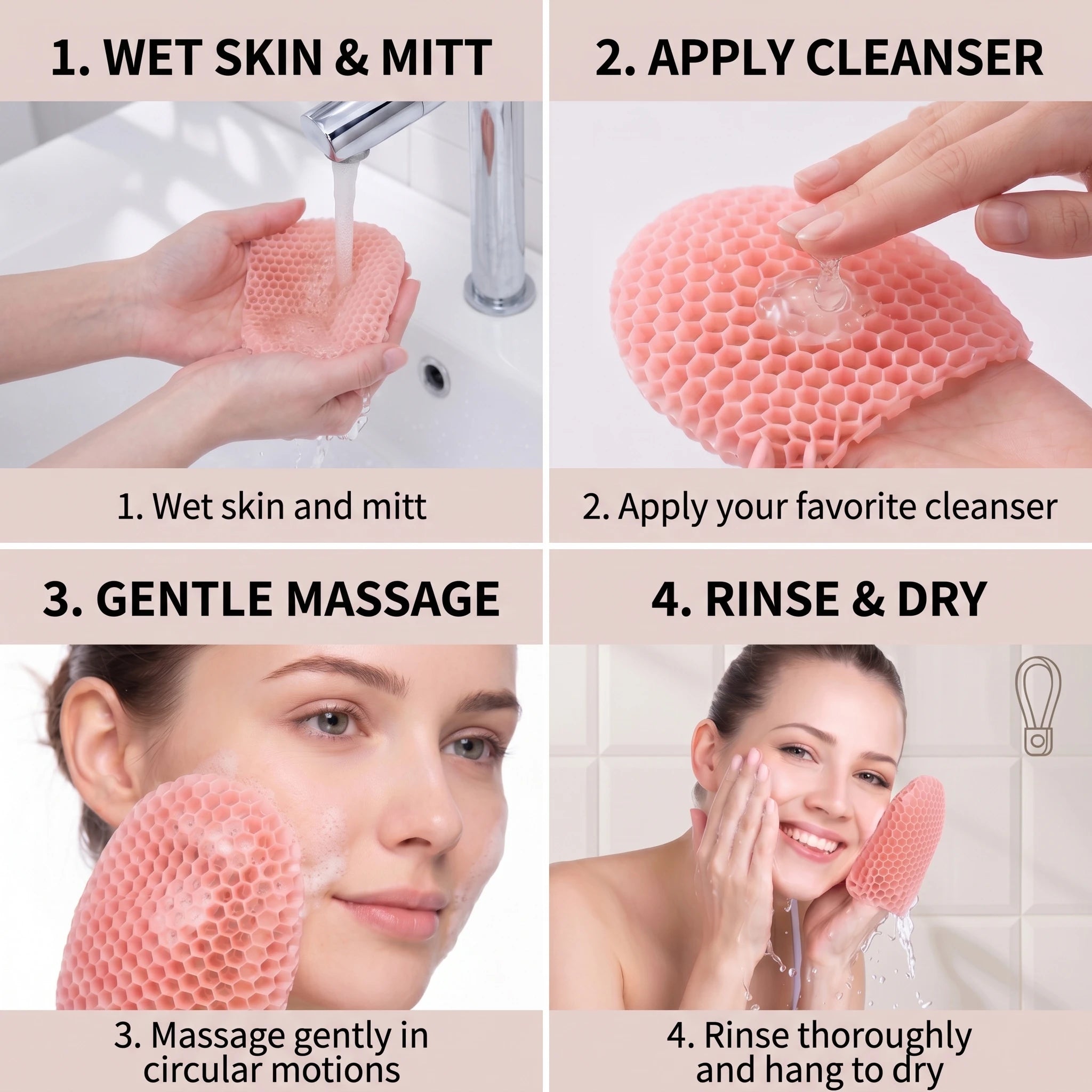 Honeycomb Exfoliating Shower Finger Caps, available in multiple colors, cleanses the skin and is safe, breathable and odorless.