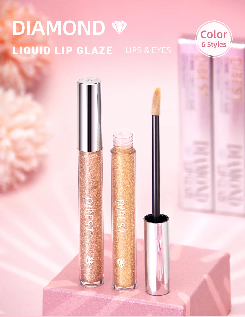 QIBEST Glitter Diamond Liquid Lipstick Waterproof Long Lasting Pearl Shiny Lip Gloss Metal Charming Women Lip Makeup 6 Colors