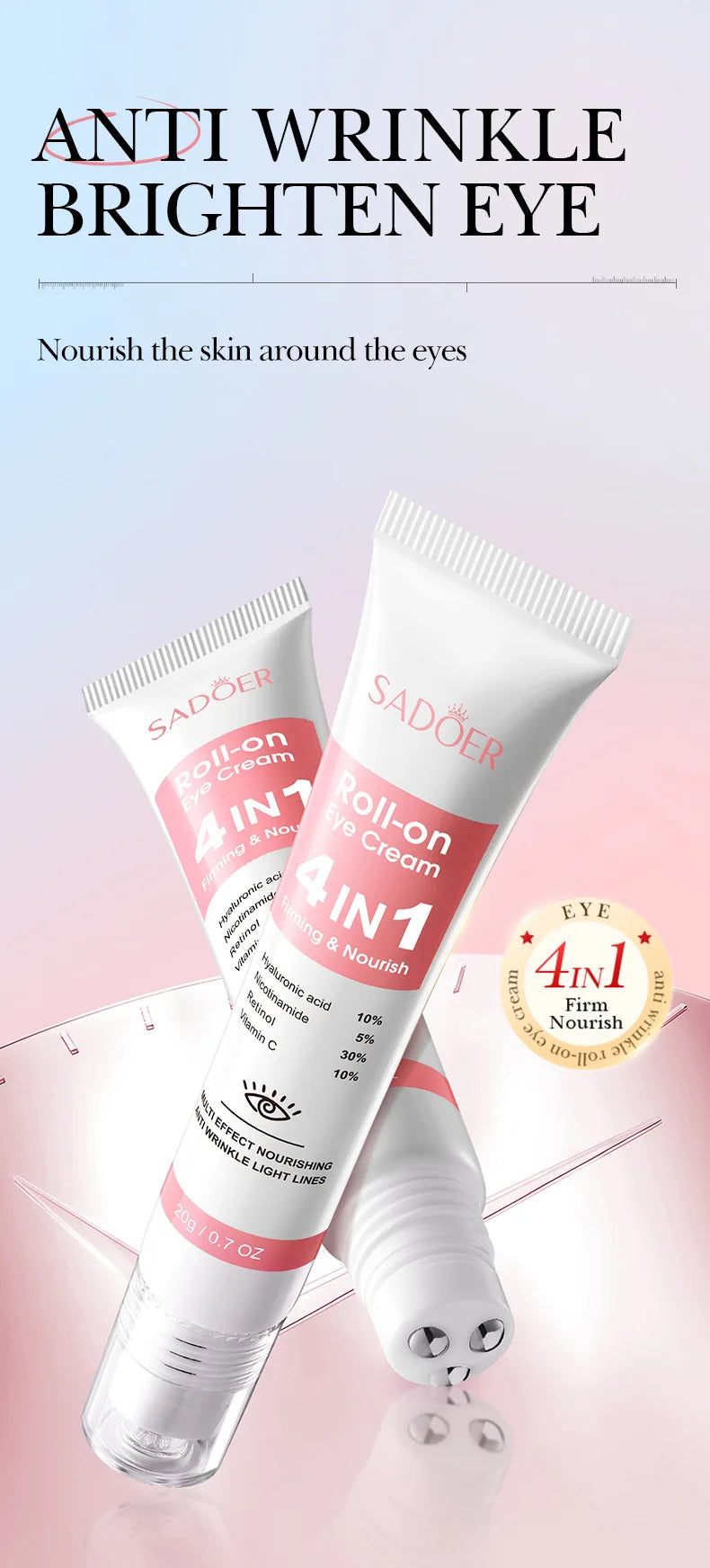 SADOER 4in1 Roll-on Moisturizing Eye Cream Anti Dark Circles Eyes Bags Firming Moisturizing Eye Serum Skin Care for Beauty Eyes