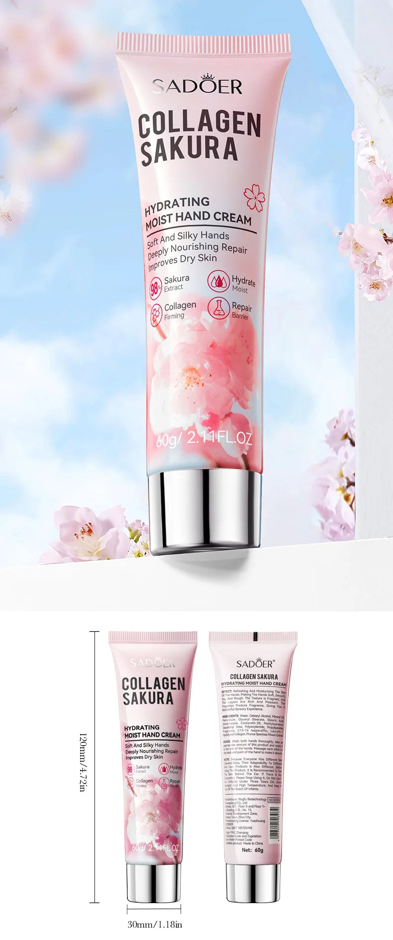 SADOER Sakura Collagen Hand Cream Hands Moisturizing Nourishing Brightening Hydrating Hands Creams Hand Skin Care Products