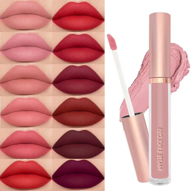 12 Colors Matte Velvet Sexy Lip Gloss Waterproof Long-Lasting Non-stick Cup Lip Glaze Nude Liquid Lipstick Lips Makeup Cosmetics