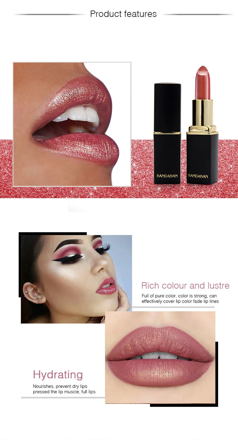 Black Tube Gold Shiny Lipstick Waterproof Long Lasting Moisturizing Glitter Pearlescent Nude Pink Shimmer Lipstick Luxury Makeup