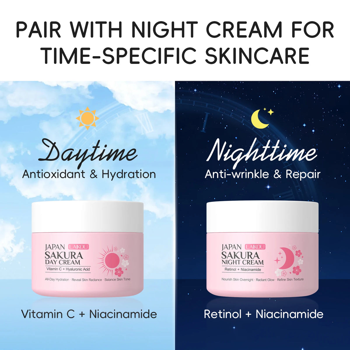 LAIKOU Sakura Day Night Face Cream Nourishing & Brightening Moisturizer Anti-aging Smooth Skin 30g