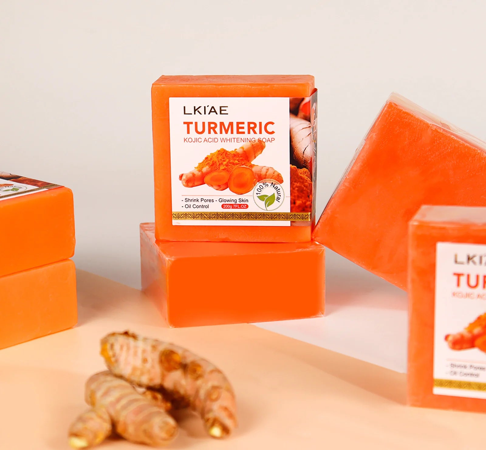 LKIAE Organic Turmeric Soap Bar, Natural Herbal Hand Made Whitening Soap, Remove Melanin, Acne, Spots, For Face And Body,200g
