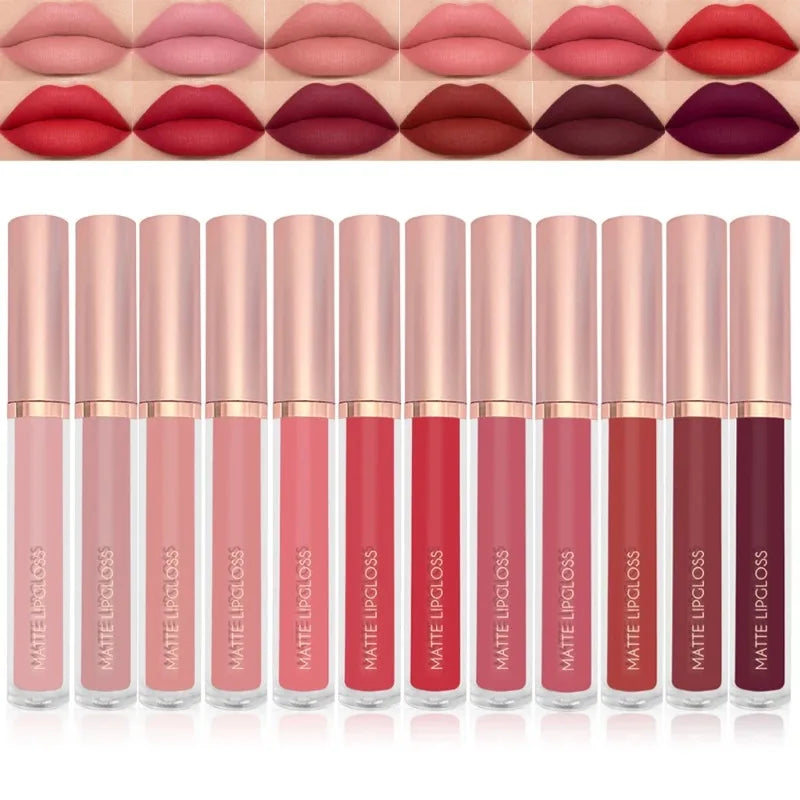 12 Colors Matte Velvet Sexy Lip Gloss Waterproof Long-Lasting Non-stick Cup Lip Glaze Nude Liquid Lipstick Lips Makeup Cosmetics