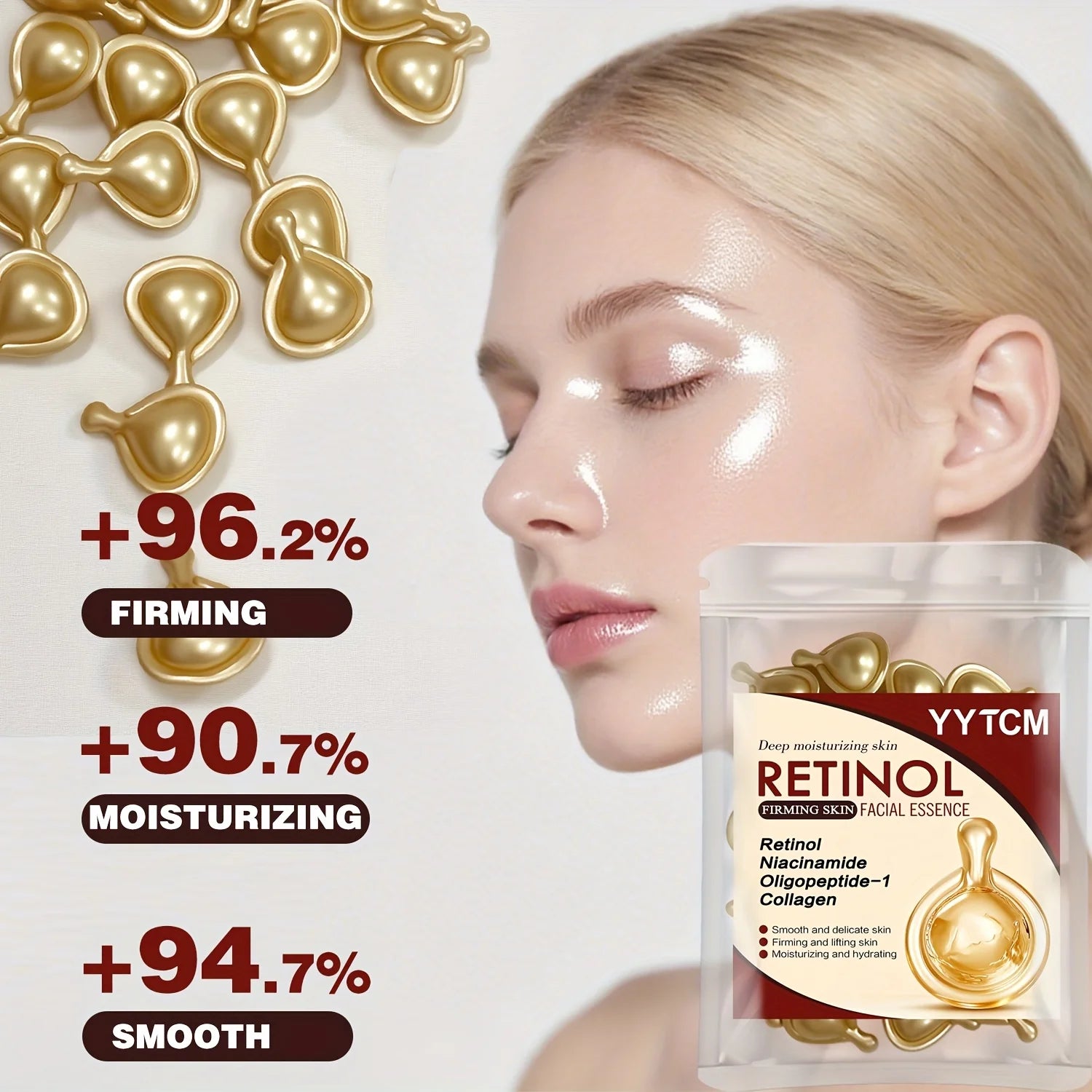 Retinol Firming Facial Moisturizing Essence Capsules, Retinol Facial Essence, Contains Hydrolyzed Collagen, Niacinamide, Deep Moisturizing (0.5Gx30 Capsules)/Bag-1 Bag