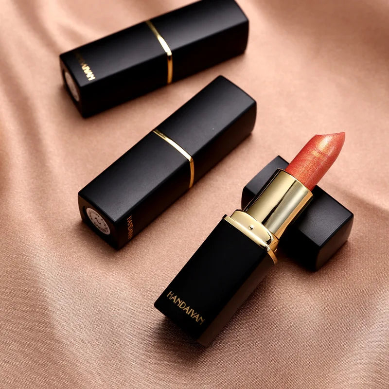 Black Tube Gold Shiny Lipstick Waterproof Long Lasting Moisturizing Glitter Pearlescent Nude Pink Shimmer Lipstick Luxury Makeup