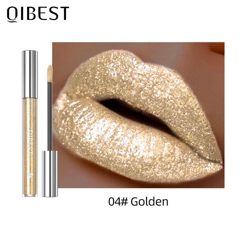 QIBEST Glitter Diamond Liquid Lipstick Waterproof Long Lasting Pearl Shiny Lip Gloss Metal Charming Women Lip Makeup 6 Colors