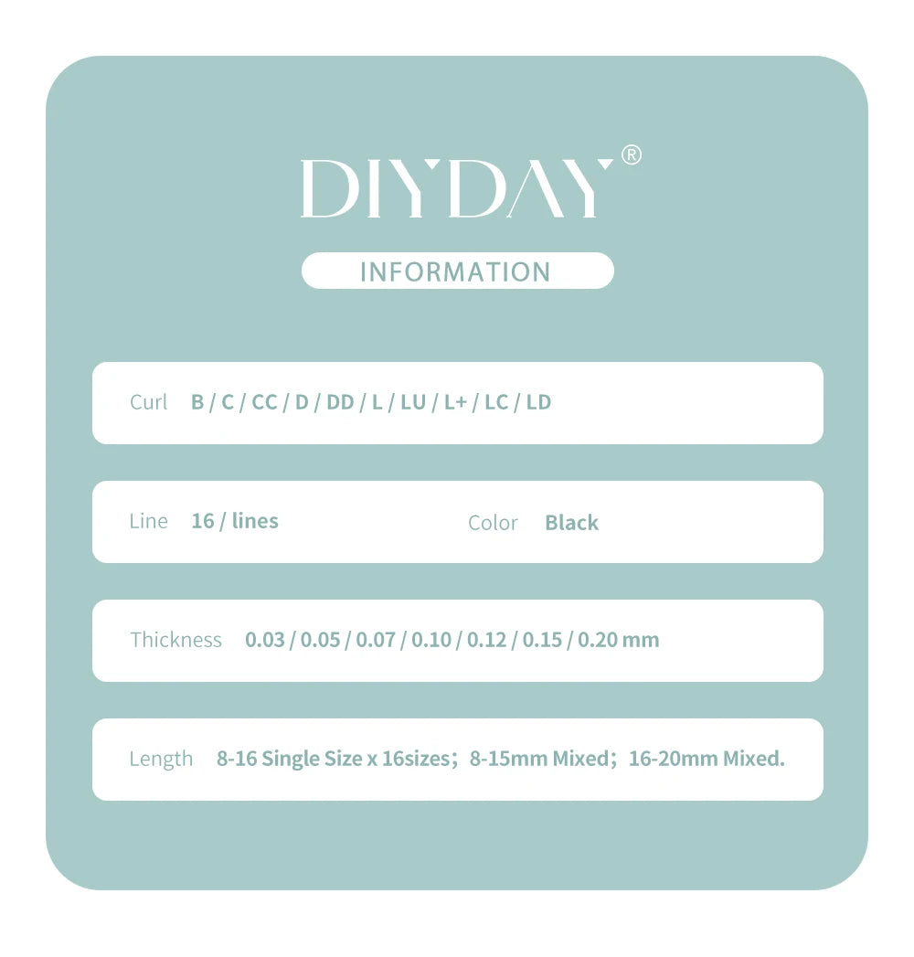 DIYDAY 16Rows Classic Lashes Individual Natural False Mink Eyelashes B C CC D DD Curl Eyelash Extension Supplies for Makeup