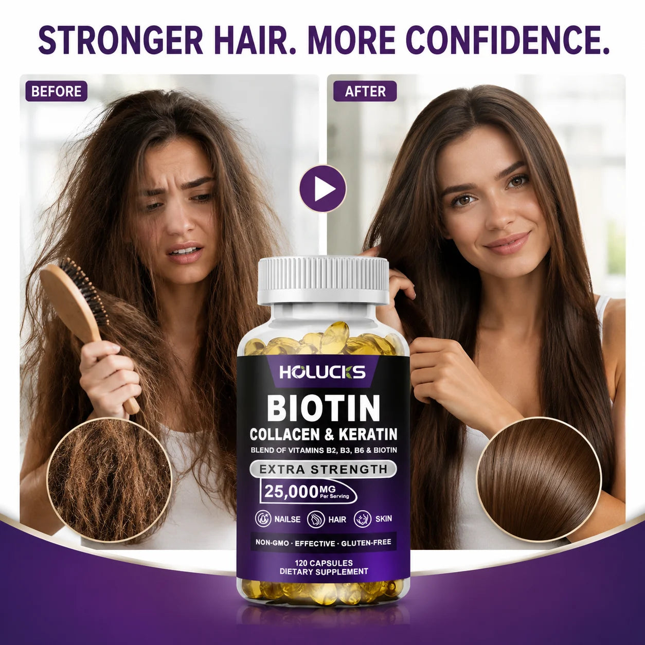 Biotin+Collagen+Keratin Capsules, Hydration, Promotes Hair Growth, Strengthens Weak Nails, Joints & Bones, Anti-Aging, Whitening