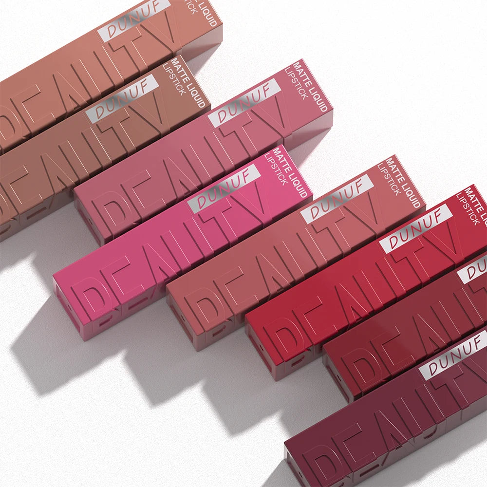 DUNUF Matte Velvet Lip Gloss, 3D Plumping & Waterproof, Square Tube Lipstick, Easy Application, 8 Shades (All-in-One)