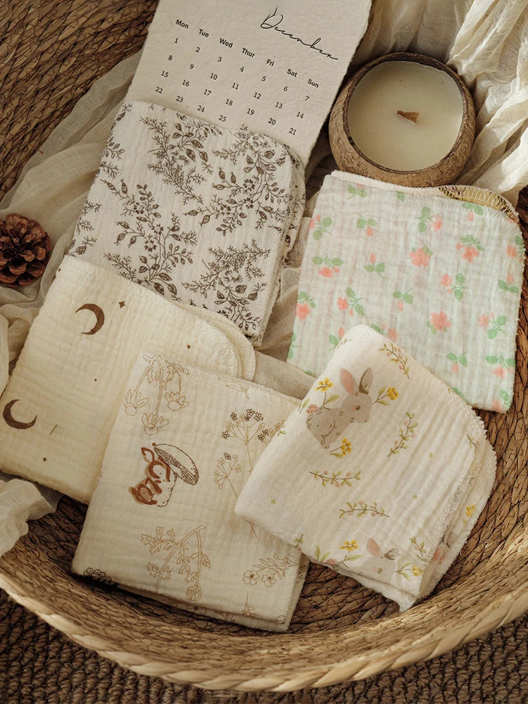 5Pcs Baby Gauze Saliva Wipes, Soft Face Wipes for Newborns, Soft and Skin-Friendly - Washable and Reusable, Cute Printed Multi-Purpose Small Square Towels!