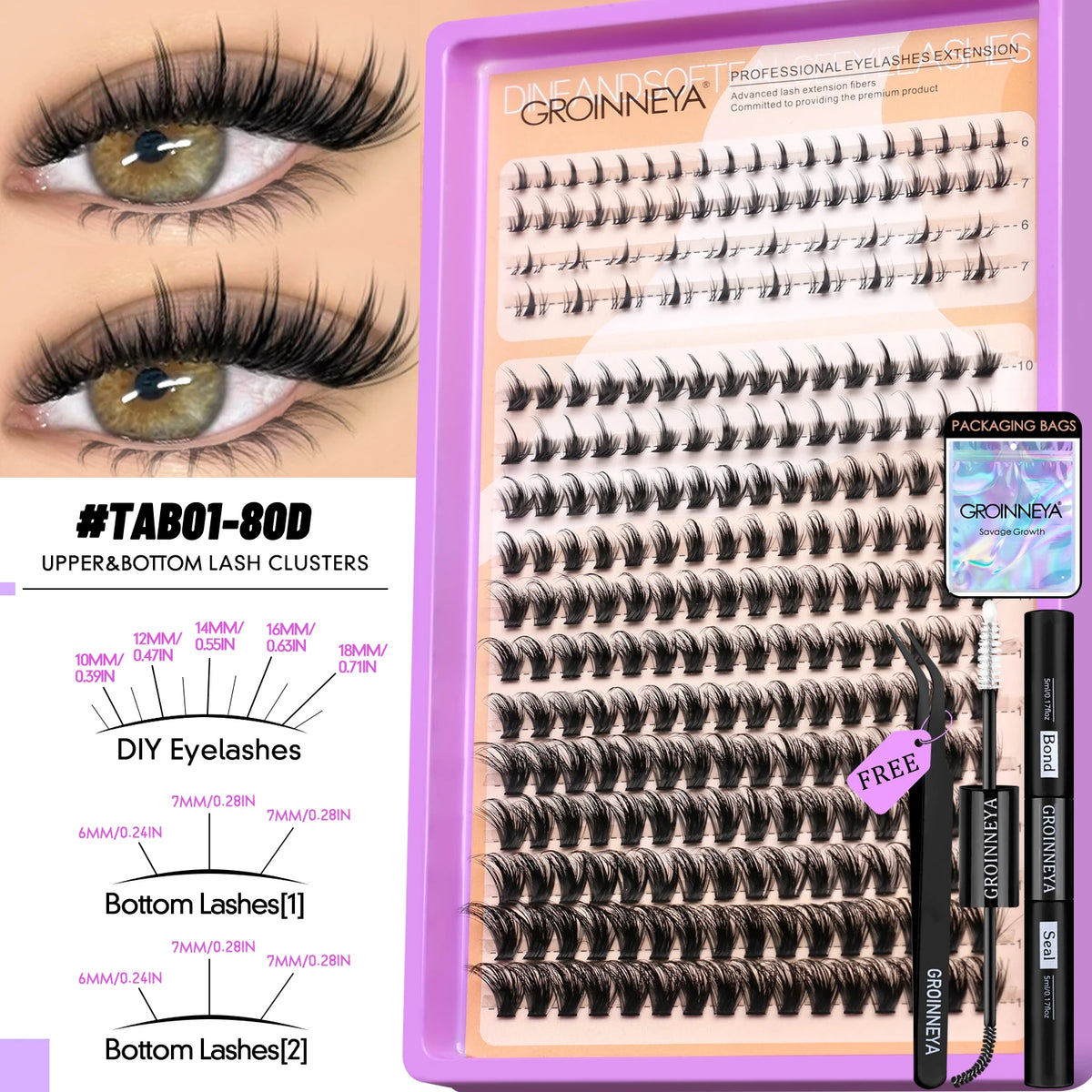 GROINNEYA Manga Lash Clusters Kit Fluffy 3D Mink Faux Cluster Lashes Kit Lashes Extension with Bond and Seal Makeup Kit