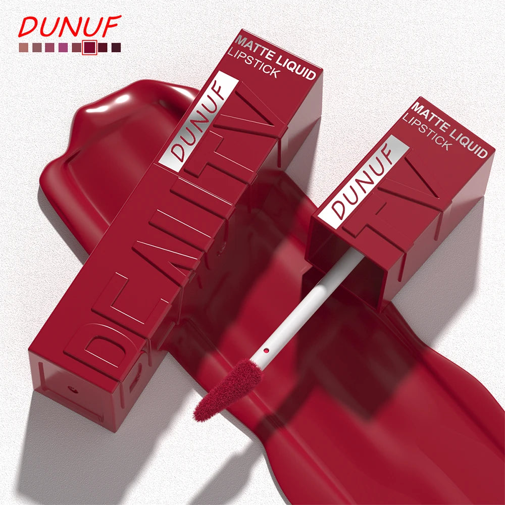 DUNUF 8-Color Matte Velvet Smooth Easy-to-Apply Square Tube Lip Gloss Waterproof Three-Dimensional Plumping Lipstick