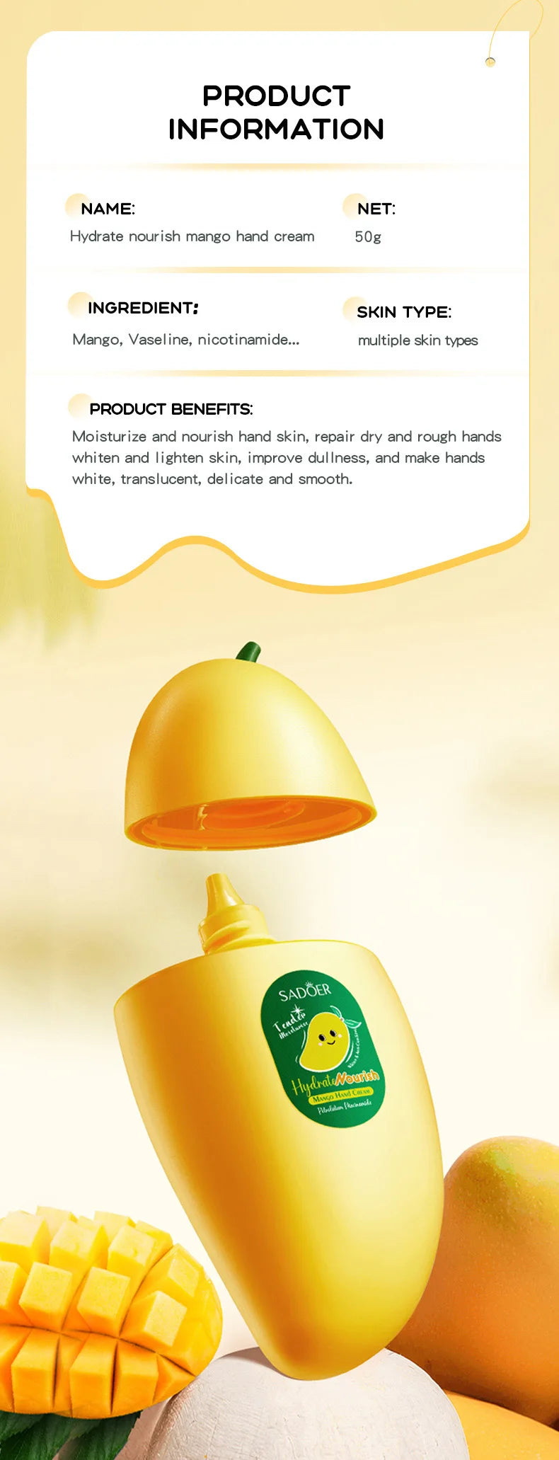 SADOER Mango Peach Aloe Vera Lemon Fruit Hand Cream Moisturizing Brightening Repairing Hand Creams For Hands Skin Care