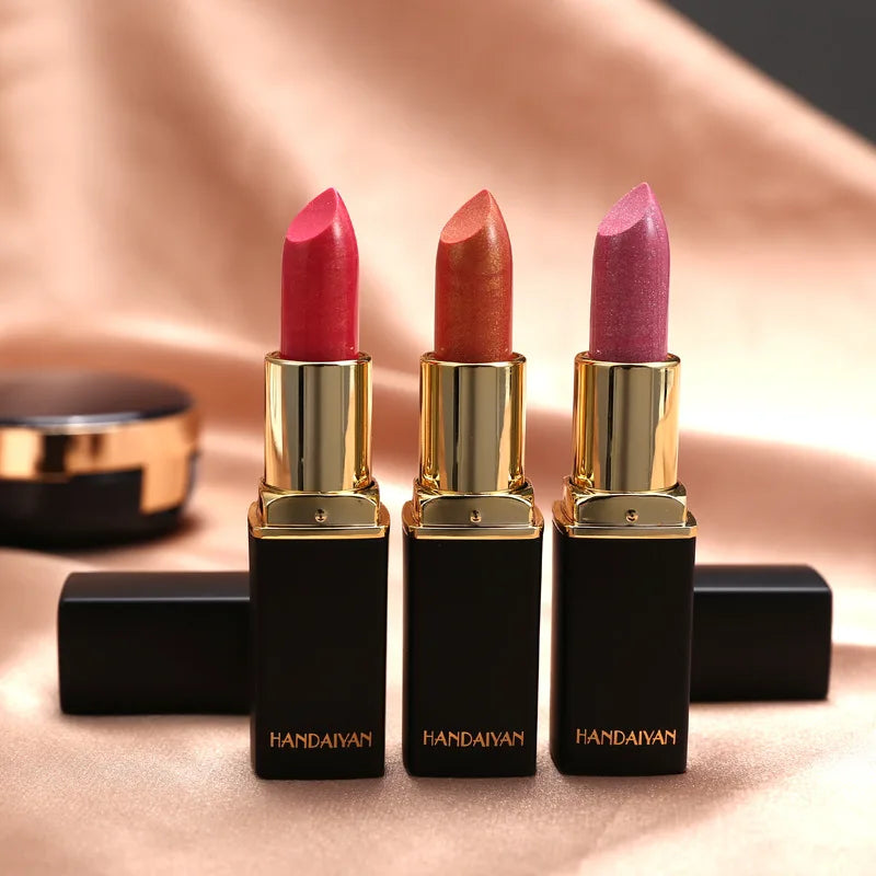 Black Tube Gold Shiny Lipstick Waterproof Long Lasting Moisturizing Glitter Pearlescent Nude Pink Shimmer Lipstick Luxury Makeup
