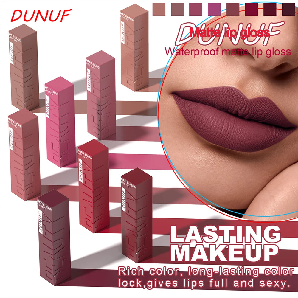 DUNUF 8-Color Matte Velvet Smooth Easy-to-Apply Square Tube Lip Gloss Waterproof Three-Dimensional Plumping Lipstick