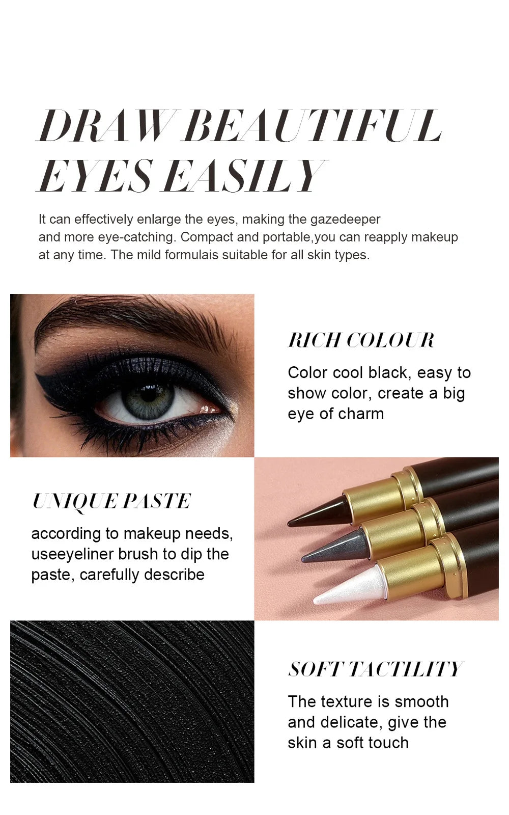 Black Waterproof Eyeliner Pen Long Lasting 24H Smudge Proof Gel Makeup Highlighter For Smokey Eye Look Fast Drying
