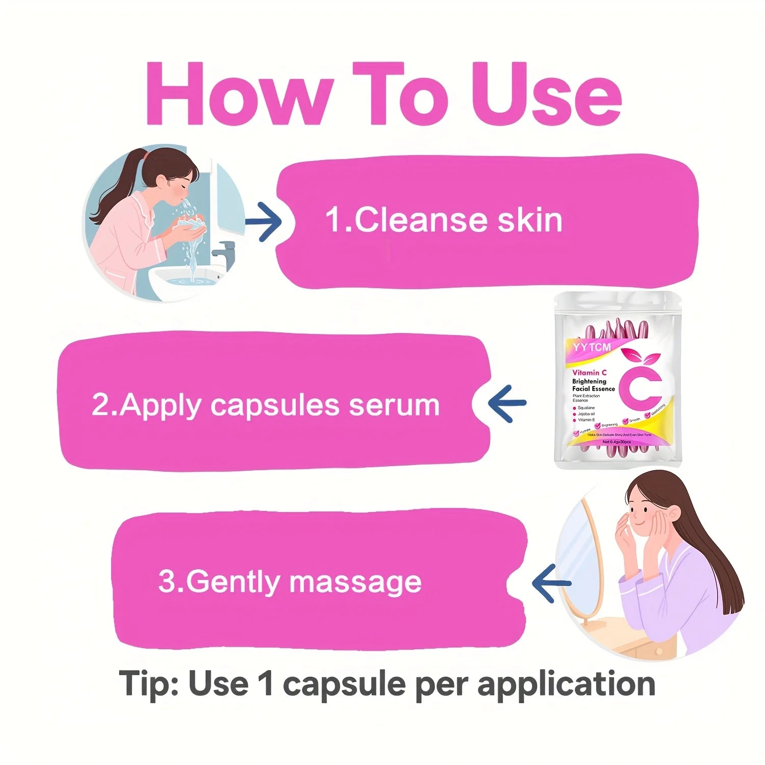 Vitamin C Brightening Skin Moisturizing Capsule Serum, hydrates and smooths the skin, contains plant squalane, vitamin E, magnolia oil, and jojoba seed oil for deep hydration and skin brightening (0.4g x 30 capsules)/bag-1 ba