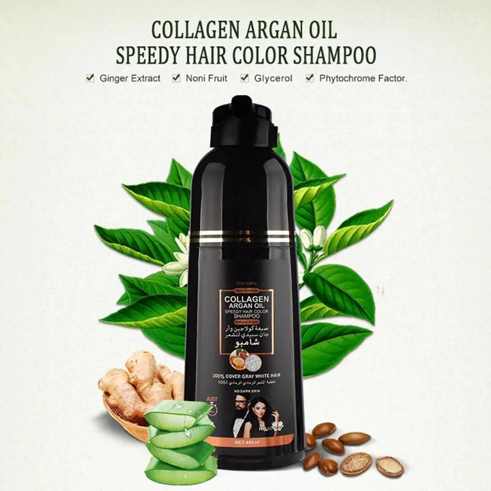 3-in-1 Collagen Argan Oil Shampoo Long-Lasting Black Hair Dye Shampoo for Men Women Nourishes Colors Gray Hair, 400ml Formula