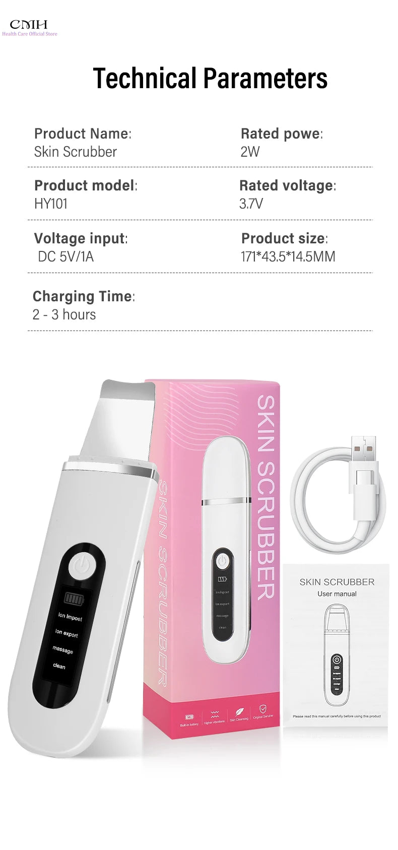 Lady Care Ultrasonic Skin Scrubber 4 in 1 Ion Import Export Facial Cleansing Spatula Blackhead Remover for Pore Purifying