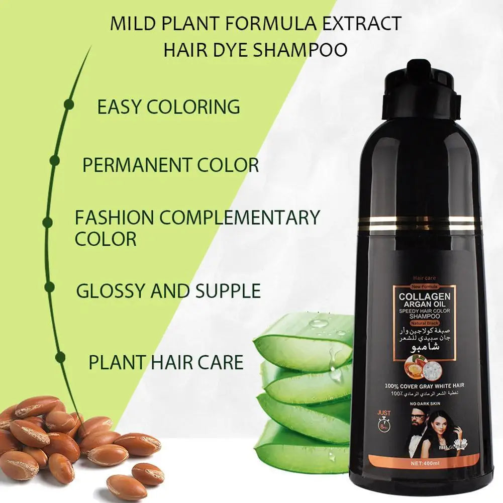 3-in-1 Collagen Argan Oil Shampoo Long-Lasting Black Hair Dye Shampoo for Men Women Nourishes Colors Gray Hair, 400ml Formula