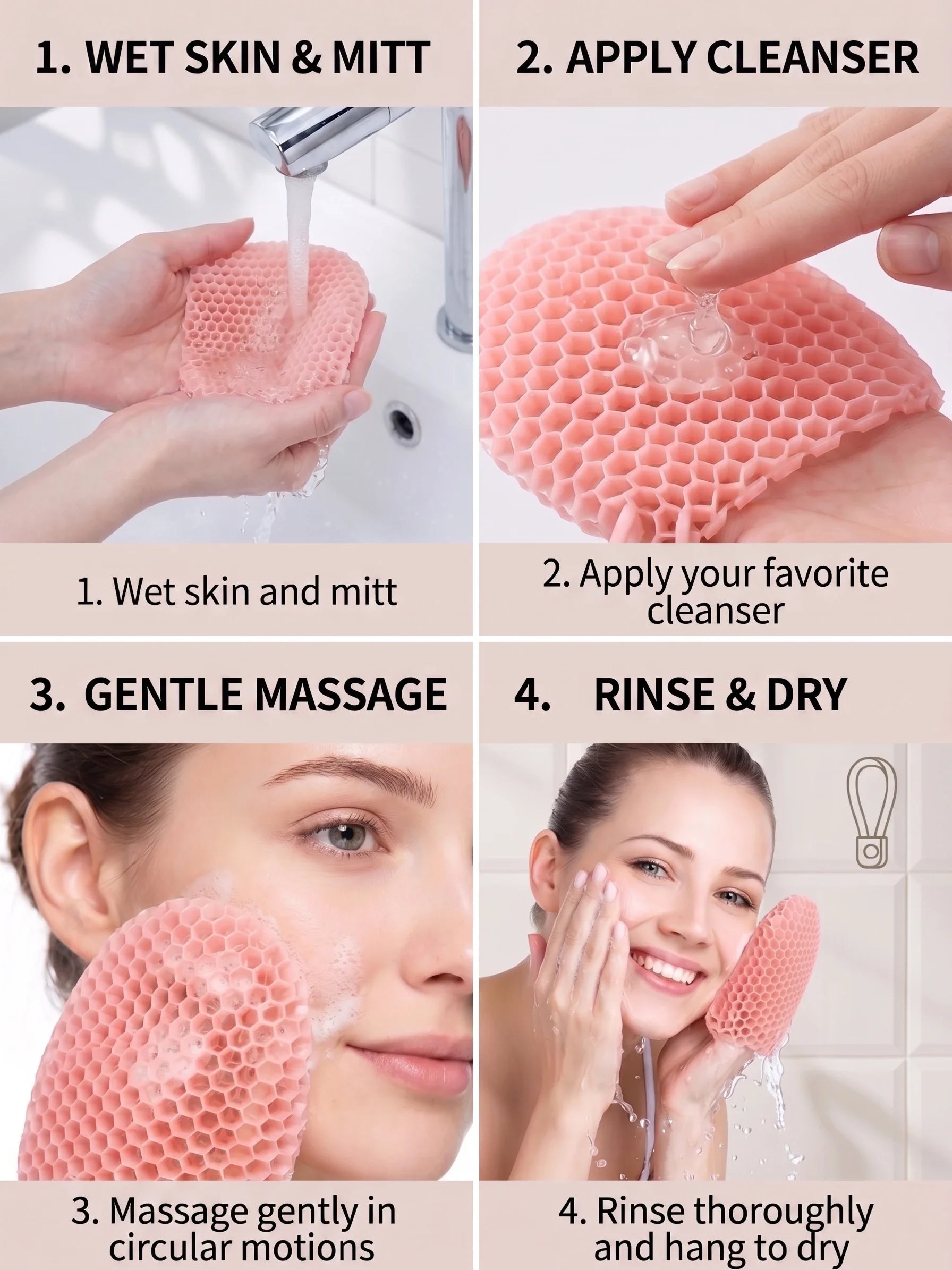 Honeycomb Exfoliating Shower Finger Caps, available in multiple colors, cleanses the skin and is safe, breathable and odorless.