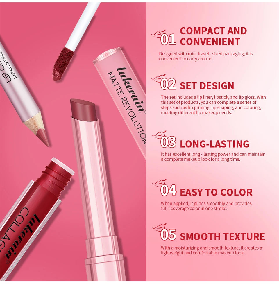 Lipliner&Lipstick Lip Gloss Set 3pcs/set Waterproof Long Lasting Lip Makeup Matte Travel Mini Set Women's Makeup Cosmetics