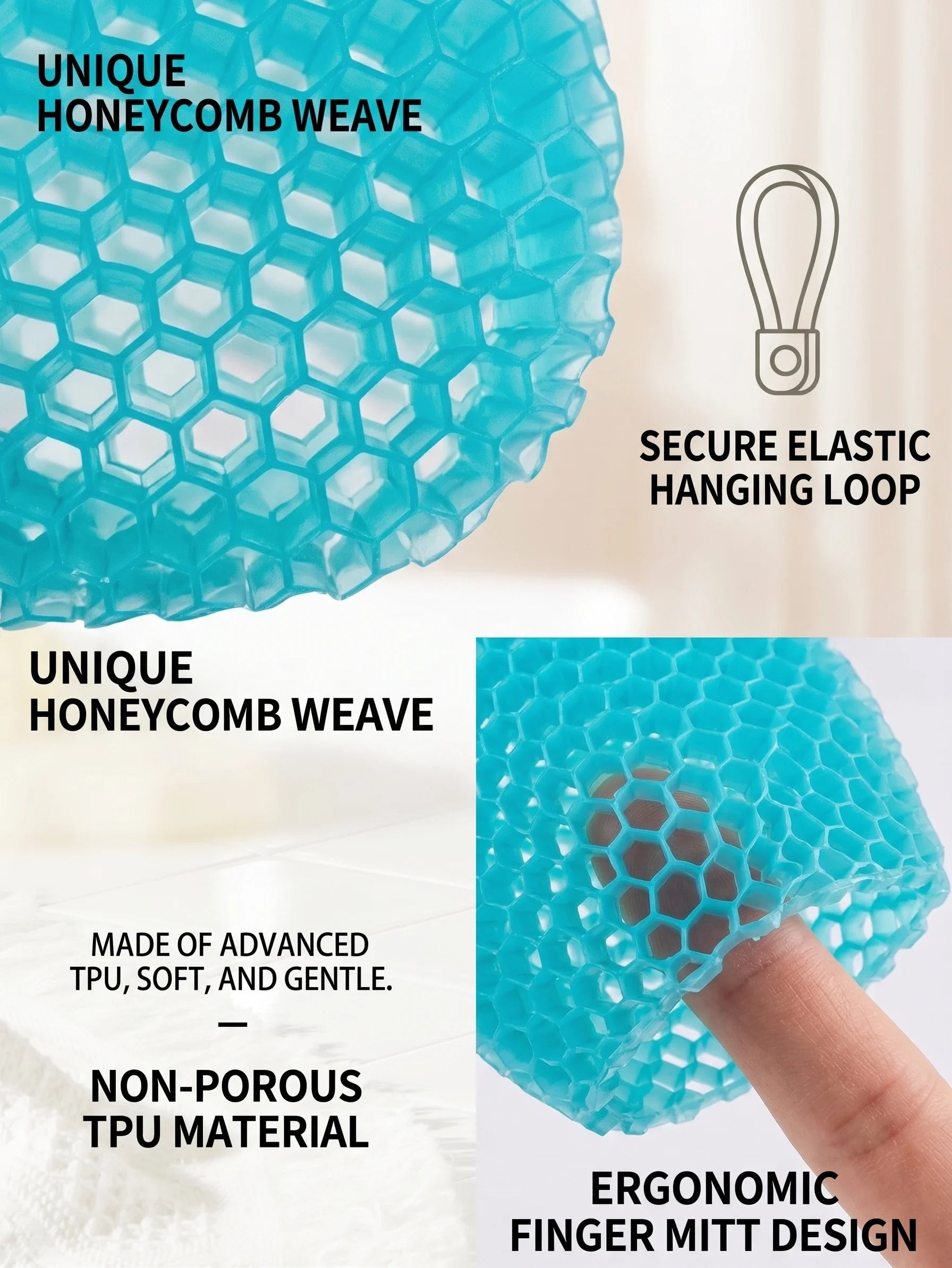 Honeycomb Exfoliating Shower Finger Caps, available in multiple colors, cleanses the skin and is safe, breathable and odorless.