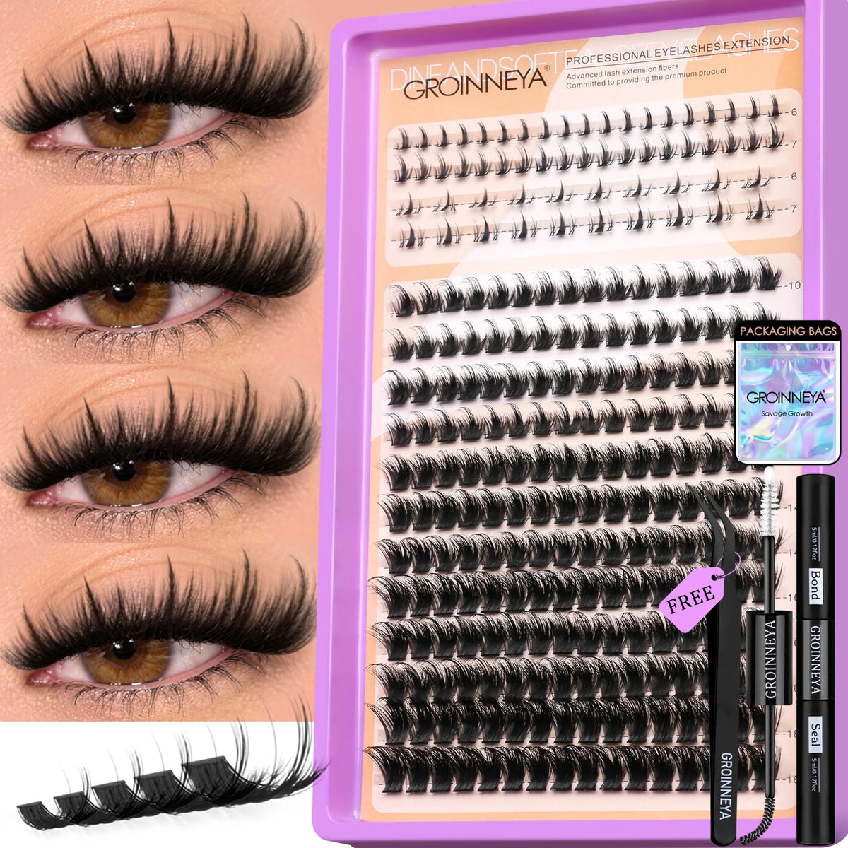 GROINNEYA Manga Lash Clusters Kit Fluffy 3D Mink Faux Cluster Lashes Kit Lashes Extension with Bond and Seal Makeup Kit