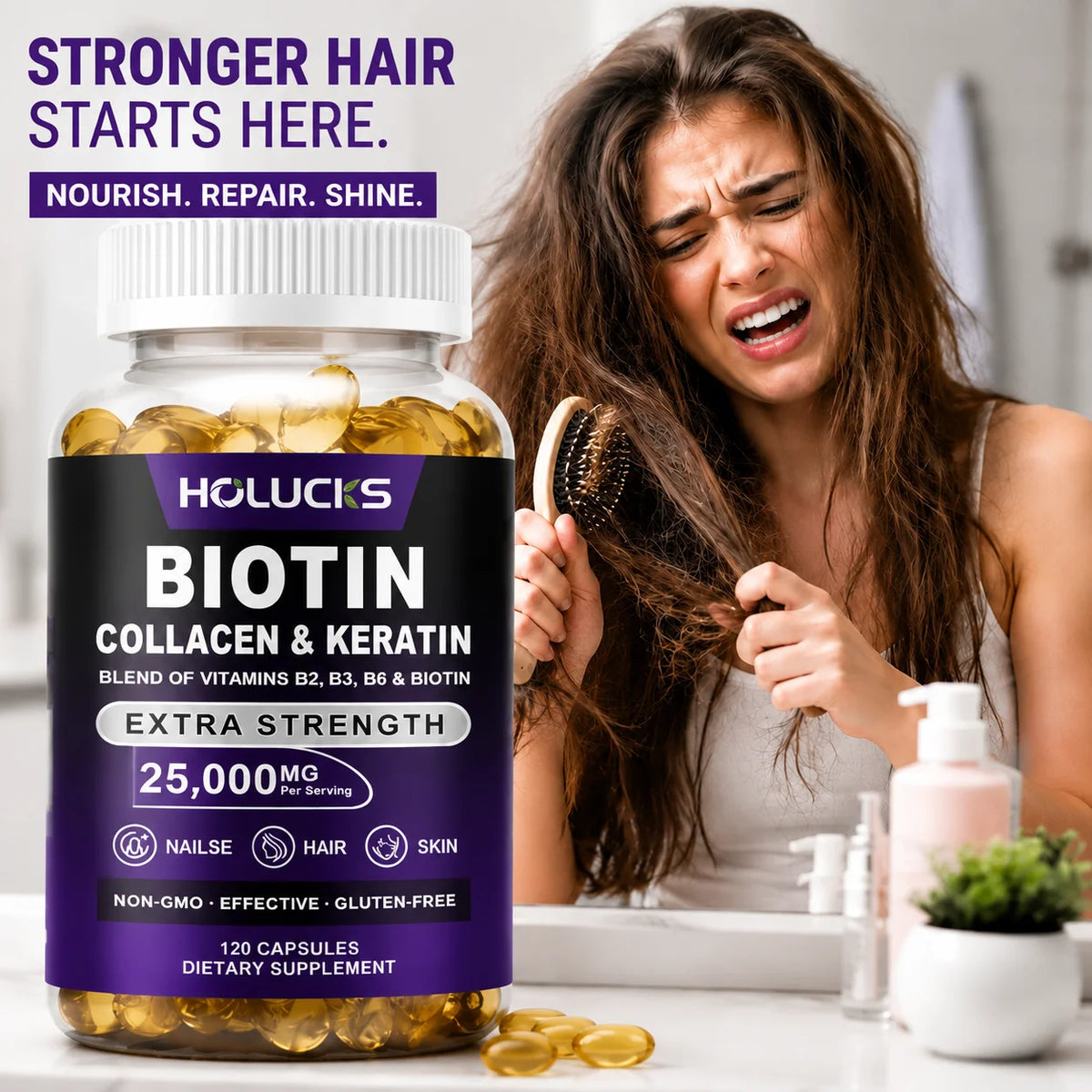 Biotin+Collagen+Keratin Capsules, Hydration, Promotes Hair Growth, Strengthens Weak Nails, Joints & Bones, Anti-Aging, Whitening