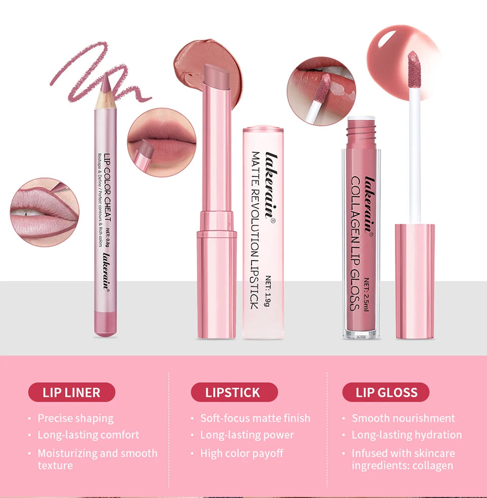 Lipliner&Lipstick Lip Gloss Set 3pcs/set Waterproof Long Lasting Lip Makeup Matte Travel Mini Set Women's Makeup Cosmetics