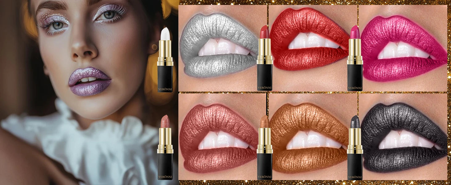Pearlescent Glitter Lipstick Metallic Waterproof Long Lasting Matte Shimmer Diamond Lipstick Women Sexy Lips Makeup Cosmetics