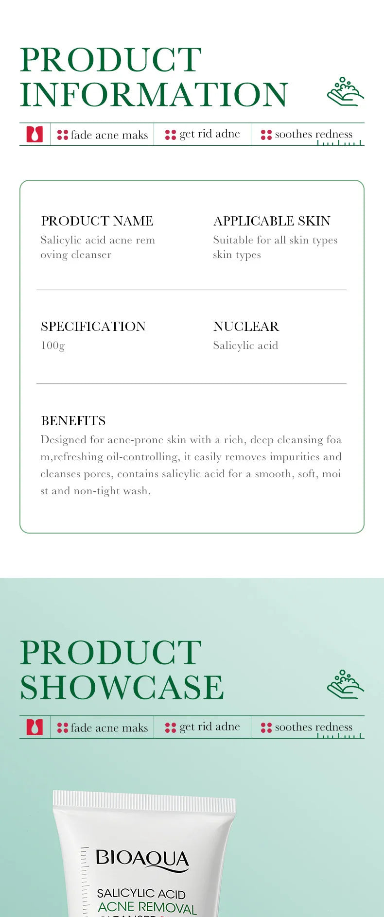 BIOAOUA Salicylic Acid Facial Cleanser Acne Treatment Moisturizing Oil Control Skincare Face Wash Foam Face Cleanser Skin Care