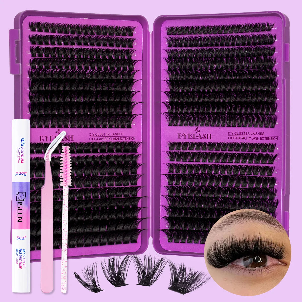 Lash Clusters Kit DIY Lash Extension Kit Large Capacity D Curl with Lash Bond And Seal And Eyelash Tweezers Makeup