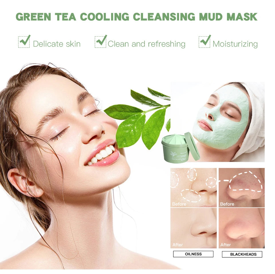 Green Tea Mud Mask Natural Skincare Deeply Cleansing Pore Nourishing Clay Face Mask Face Skin Care Cleaner 100g