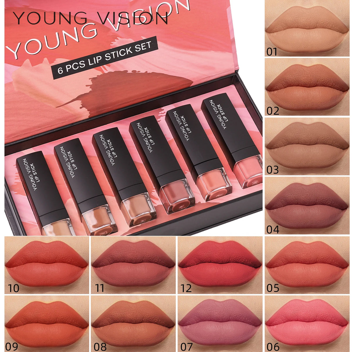Matte Lipstick Set with Matte Finish, Waterproof and Not Easy to Stick to Cups, 6-Color Gift Box Lipstick Set