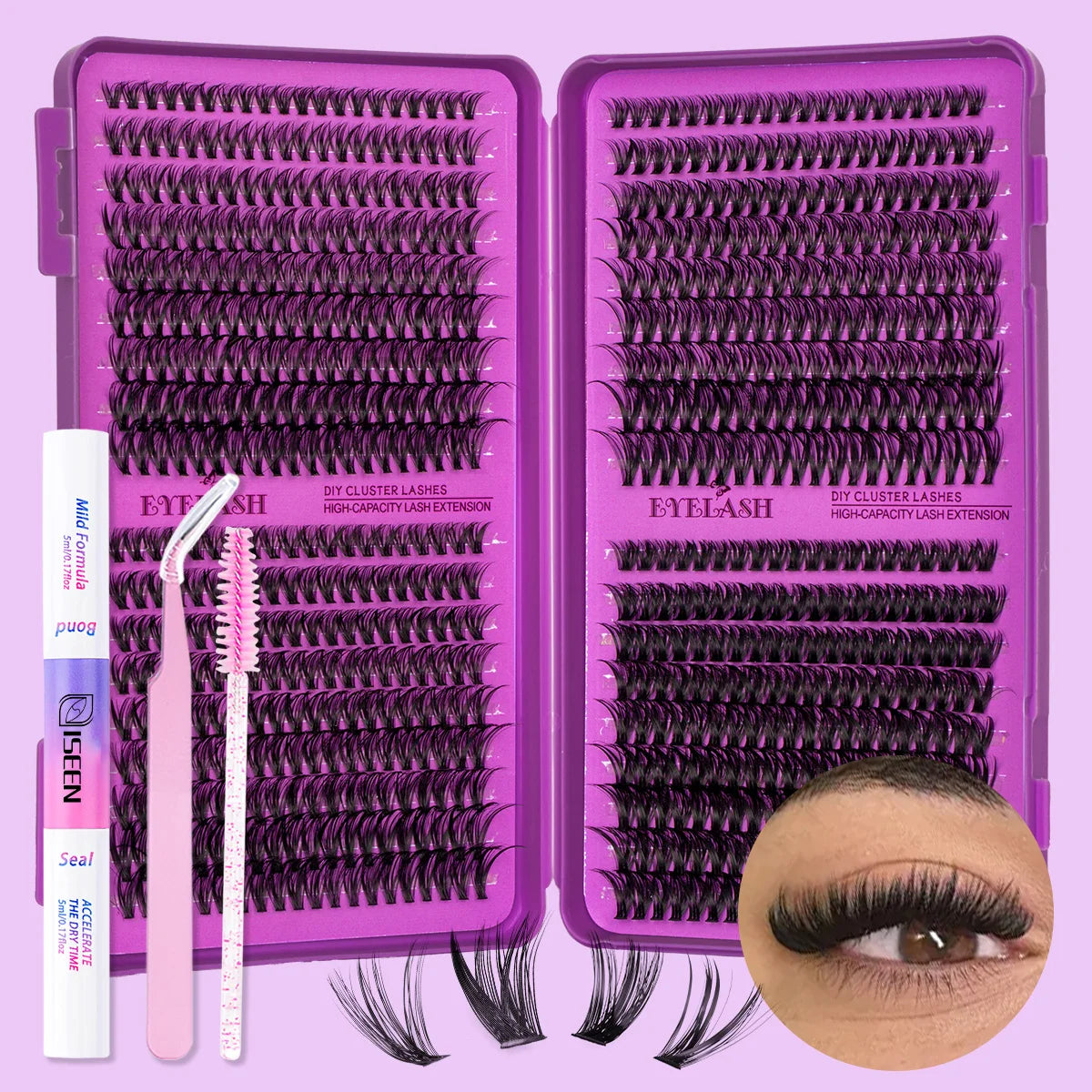 Lash Clusters Kit DIY Lash Extension Kit Large Capacity D Curl with Lash Bond And Seal And Eyelash Tweezers Makeup
