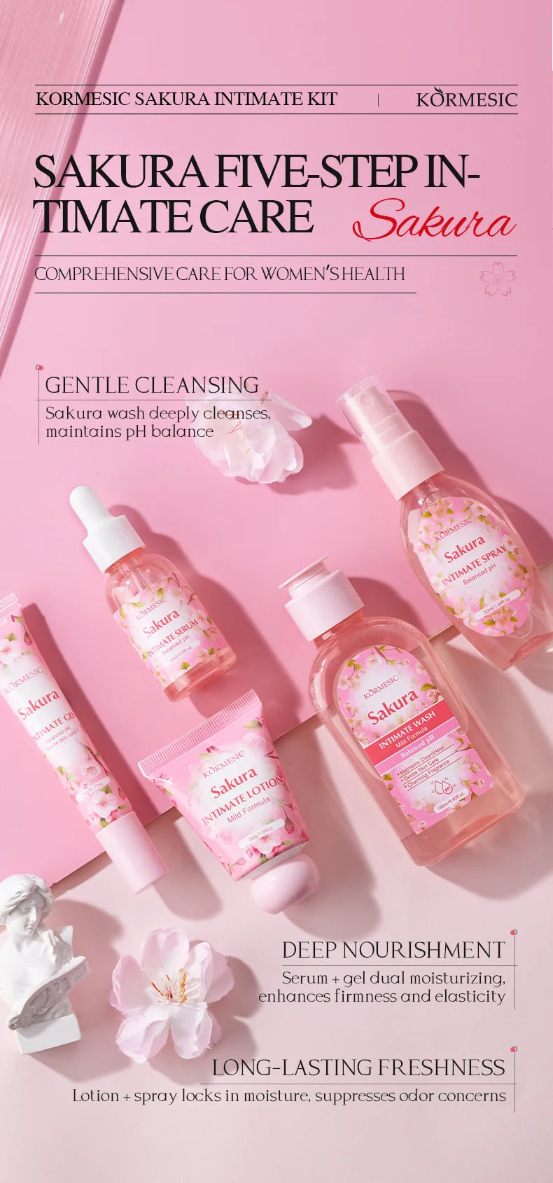 Sakura Women's Intimate Care 5-Piece Set, Product Includes: Private Area Cleansing Liquid, Essence, Gel, Lotion, Spray, Gentle Cleansing, Balances the Environment, Long-Lasting Freshness, and a More Firm and Smooth Light Beig