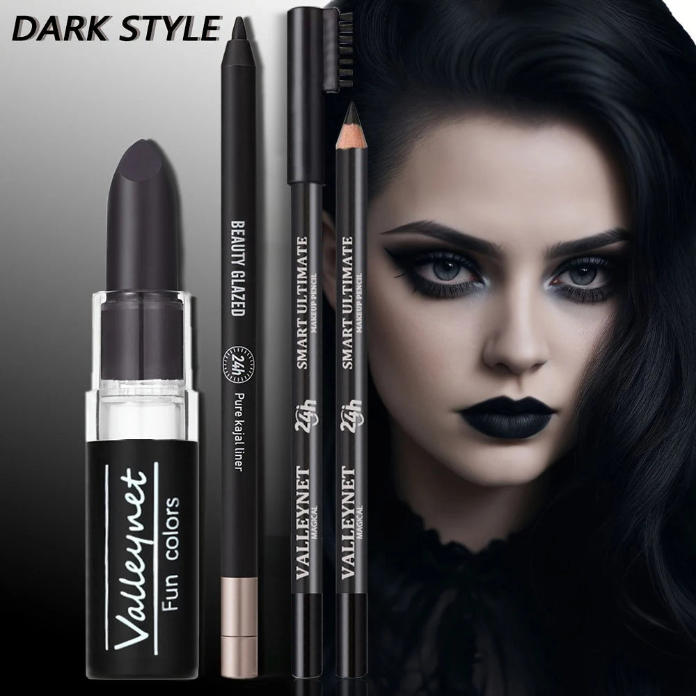 [Dark Punk Makeup Set] 3pcs Dark Makeup Set,Matte Black Lipstick,Lip Liner,Long Lasting Waterproof Eyeliner & Smoky|Halloween