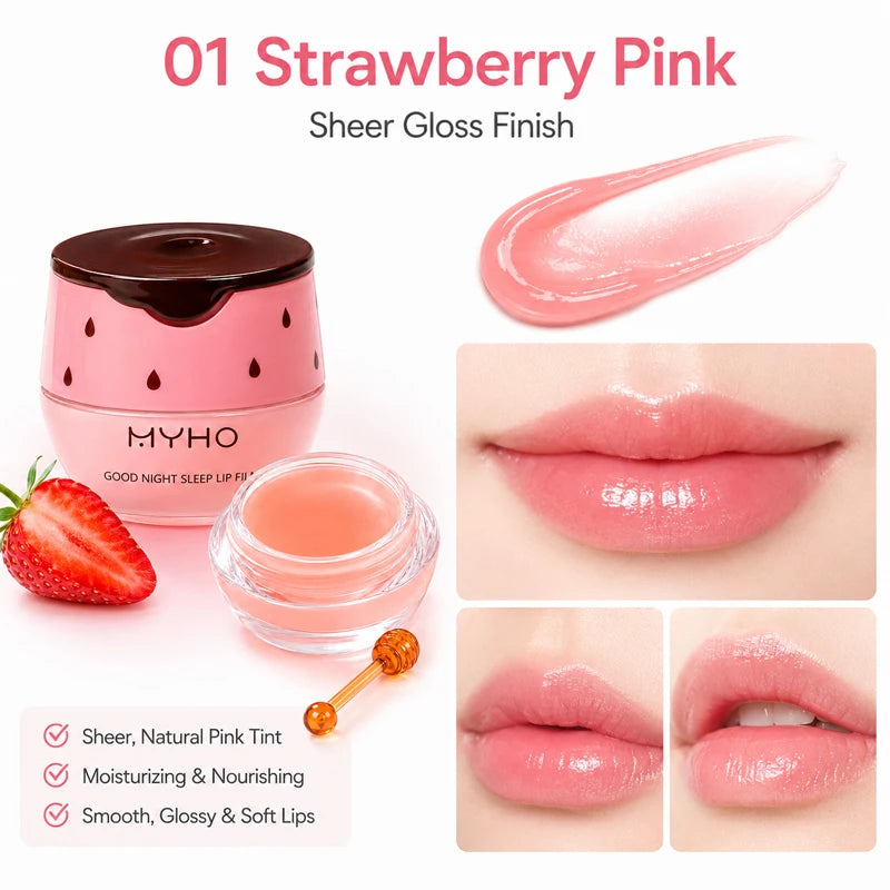 MYHO Strawberry Lip Sleeping Mask Overnight Repair Balm Hydrating Moisturizing Jelly Lip Care Non-Sticky Gloss with Applicator