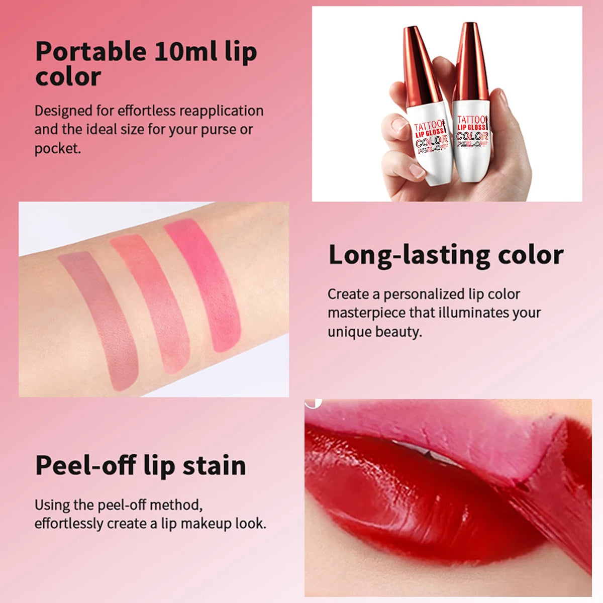 ZaiDoc Peel Off Lip Stain Tint Set 4 Colors Long Lasting Waterproof Transfer Proof Matte Finish Lip Gloss 10g Each