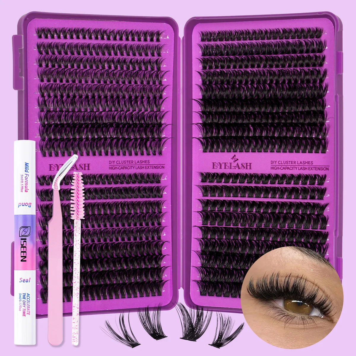 Lash Clusters Kit DIY Lash Extension Kit Large Capacity D Curl with Lash Bond And Seal And Eyelash Tweezers Makeup