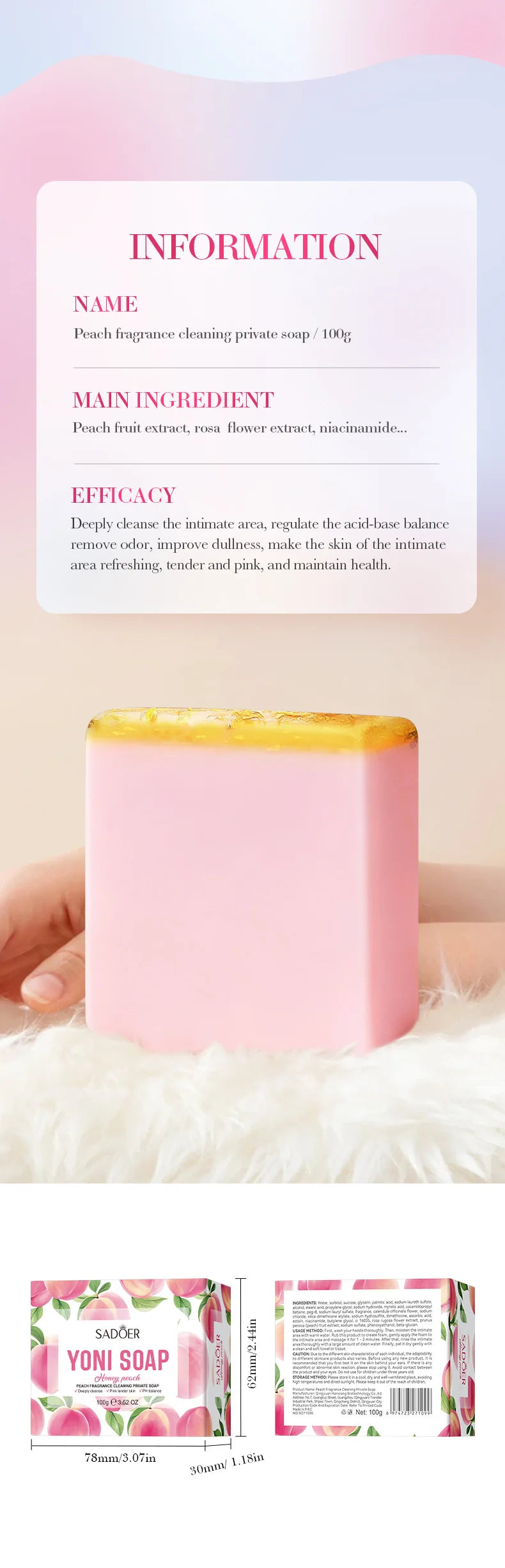 Peach Intimate Soap Includes foaming Net- Gentle Cleansing & Freshness, PH-Balanced Formula for Sensitive Skin, Nourishing Mild