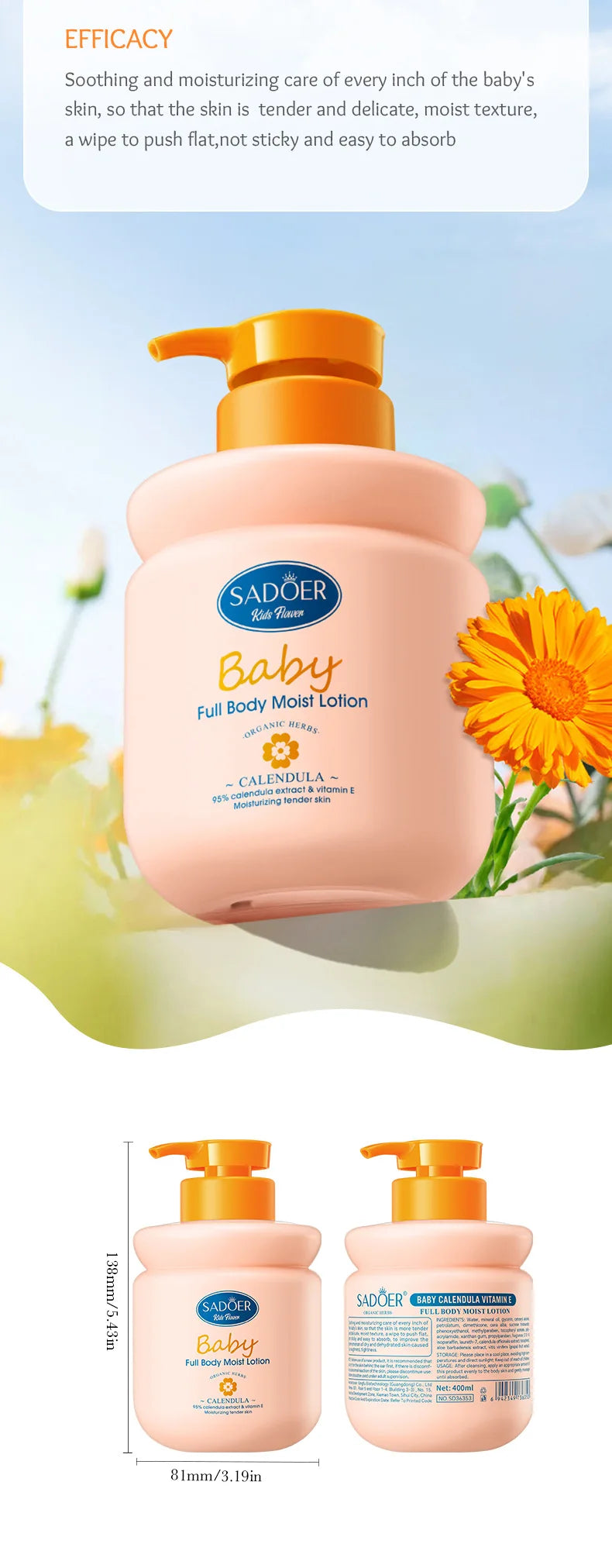 400ml Children's Calendula Vitamin E Body Lotion, Autumn and Winter Body Lotion Body Cream