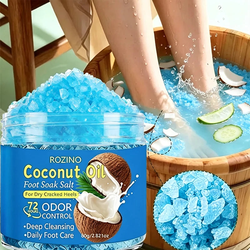 80g Coconut Oil Deodorizing Cleansing Foot Bath Salt, Natural Fragrance for Foot Care, Foot Soaking Exfoliating Salt, Deep Cleansing, Removes Dead Skin Cells, Long-Lasting Moisturizing Care