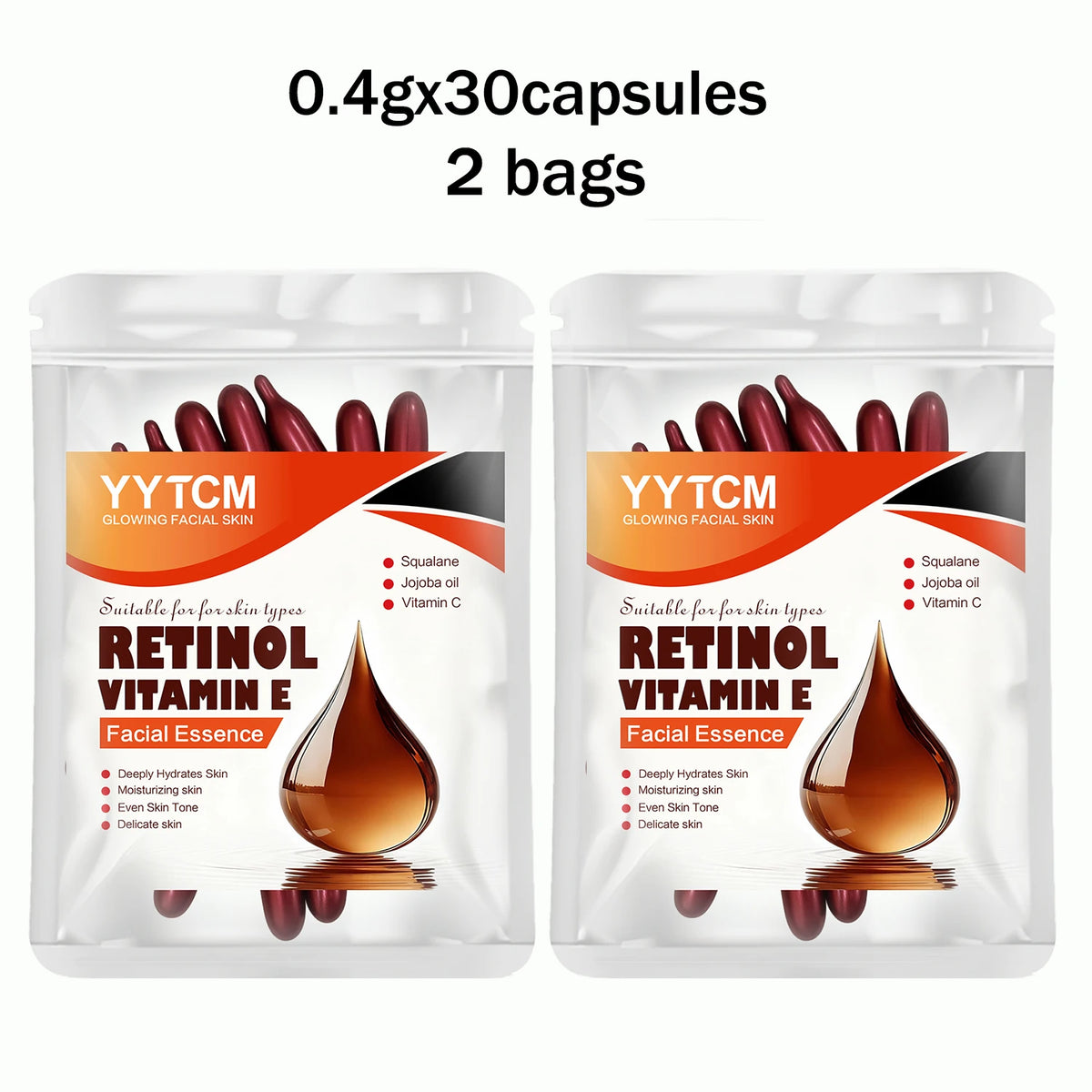 Retinol Vitamin E Deep Moisturizing Capsule Essence, Hydrates, Firms, and Smooths Skin, Contains Plant-Based Squalane, Vitamin C, Deep Moisturizing and Brightening Skin Essence (0.4Gx30 Capsules)/Pack-1 Pack