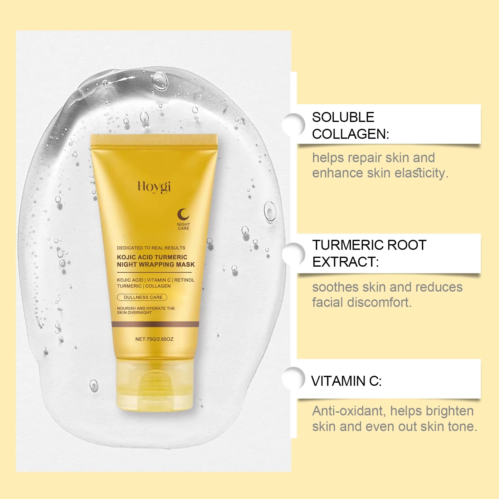 HOYGI Kojic Acid Turmeric Mask Overnight Peel off Mask Collagen Nourishing Hydrating Shrink Pores Brighten Dullness Skin Care