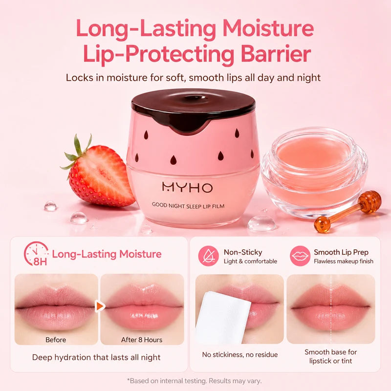 MYHO Strawberry Lip Sleeping Mask Overnight Repair Balm Hydrating Moisturizing Jelly Lip Care Non-Sticky Gloss with Applicator