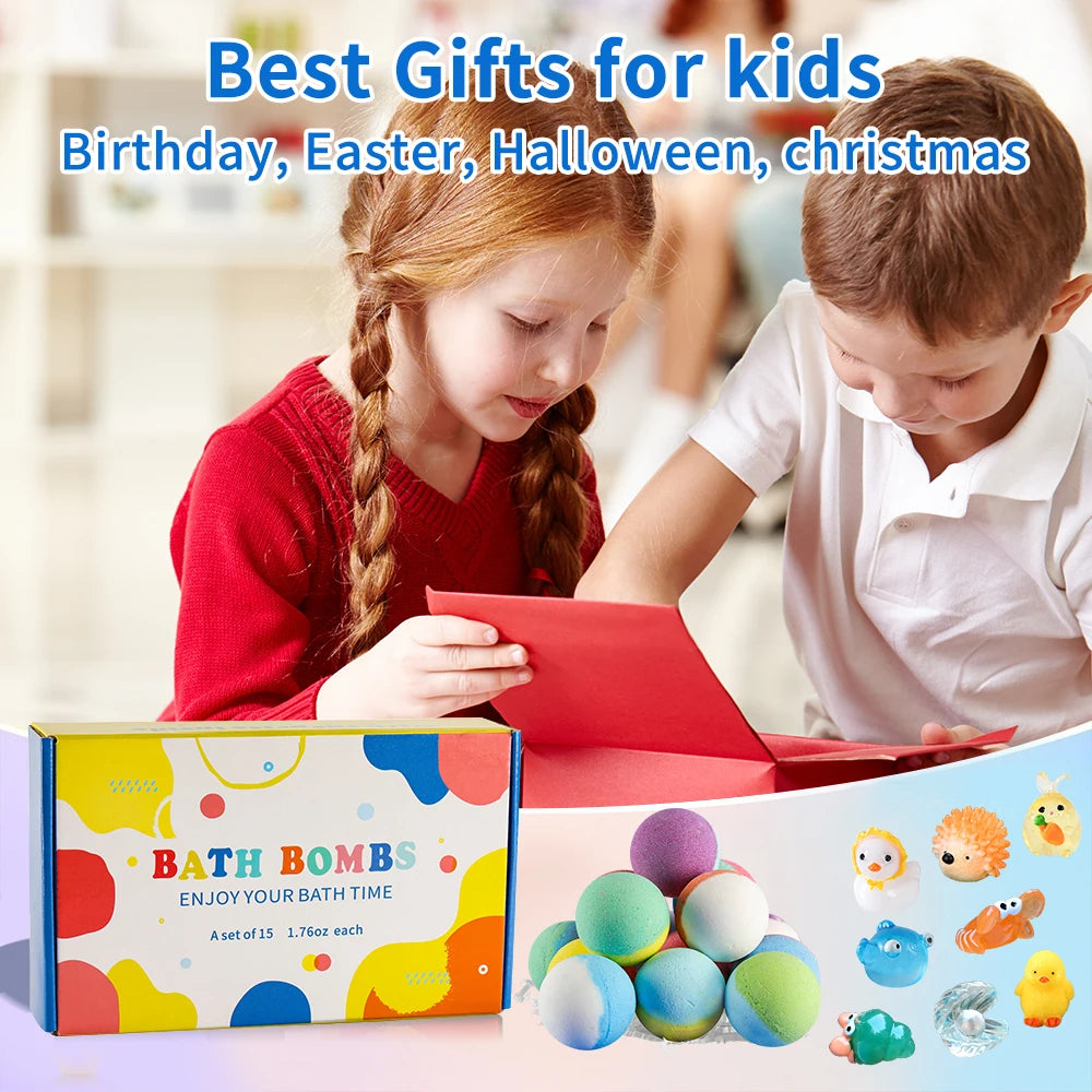 Bath Treats for Kids with Surprise Inside, 15 Pack Kids Bath Treats Gift Set, Natural Organic Kids Bubble Bath Fizzy with Bath T